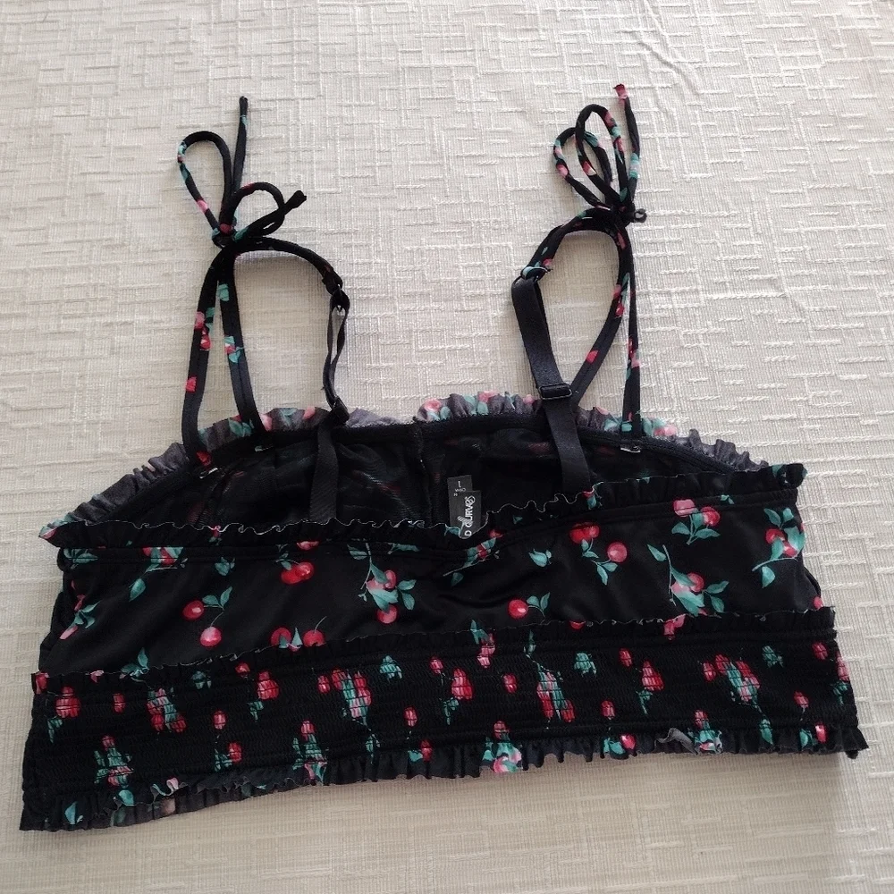 Torrid Plus Size 1 SMOCKED KEYHOLE BRALETTE MICROFIBER CHERRIES BLACK 1X NWOT